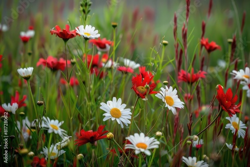 Flowers Red And White. Beautiful Closeup of Delicate Red and White Daisies in a Grass Field