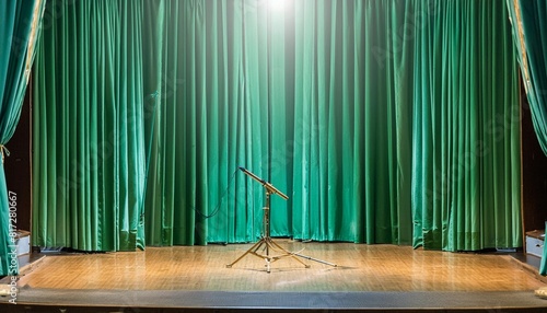 empty theater stage with green velvet curtains spotlight showtime copy space photo