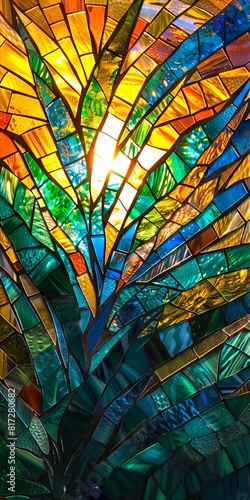A colorful stained glass piece with the sun shining through. photo
