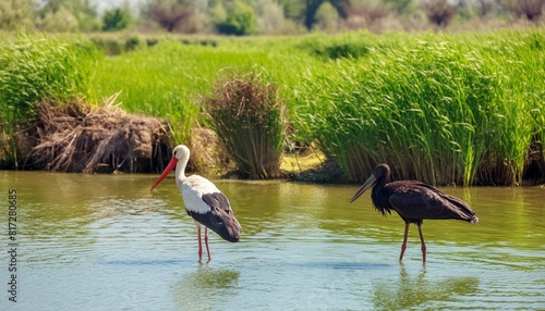 black stork and eurasian spoonbill stork in the water