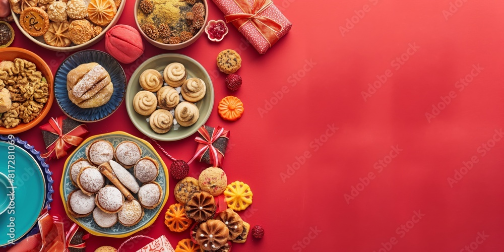 Fototapeta premium An abundant spread of various festive cookies and holiday treats on a vibrant red background