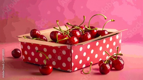 A box of cherries on a pink background. photo