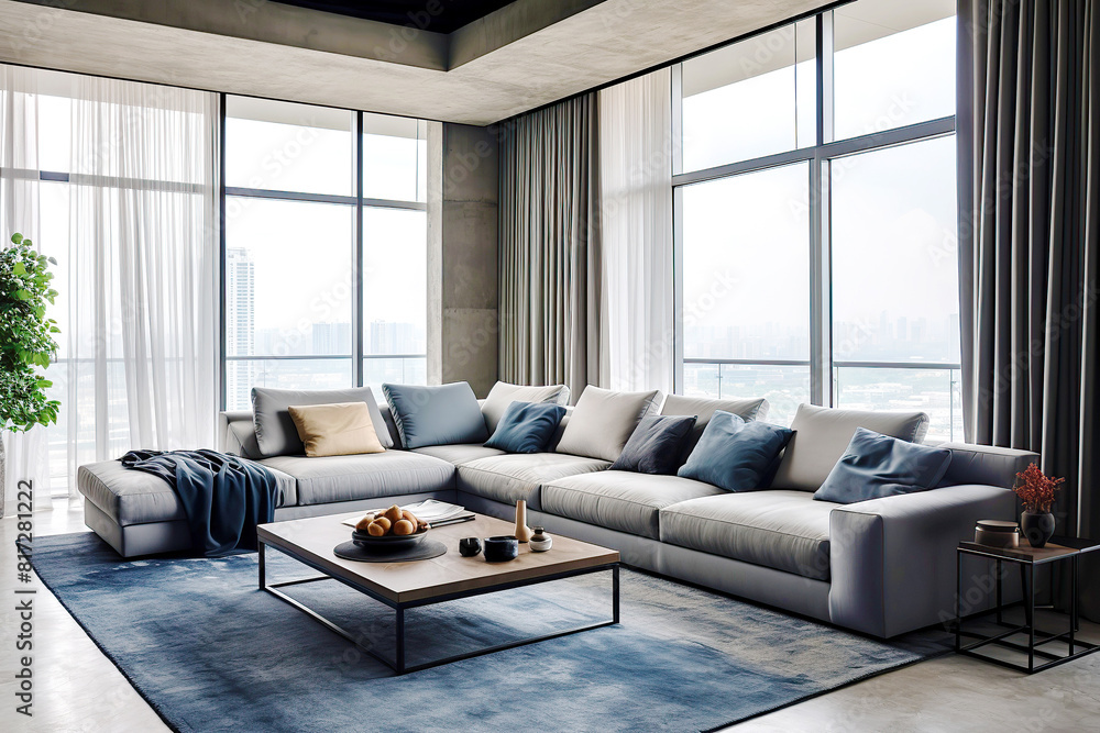 Image showcasing Apartment with concrete wall and ceiling. Grey sofa with blue pillows ...
