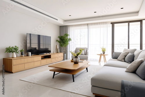 Grey sofa against tv unit. Minimalist interior design of modern living room, home.