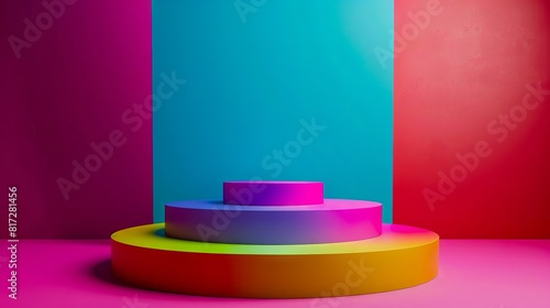 A colorful circular platform in front of a wall. photo