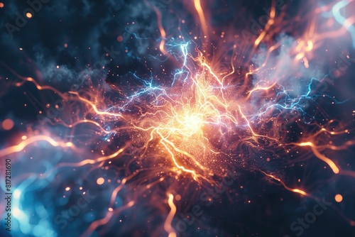 Electric Background. Blurry Abstract Explosion of Glowing Particles in Stormy Atmosphere