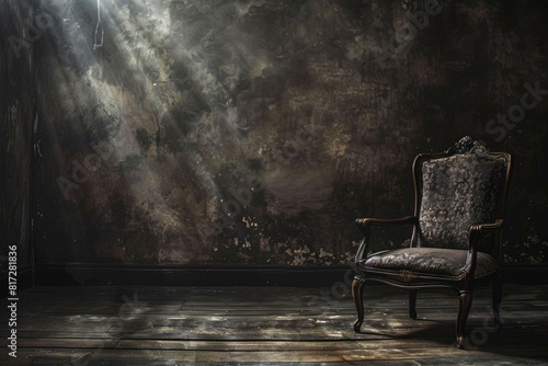 Emptiness. Vintage Black Chair in Empty Room with Spotlight photo