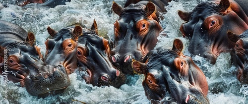 A group of hippos in the water. photo