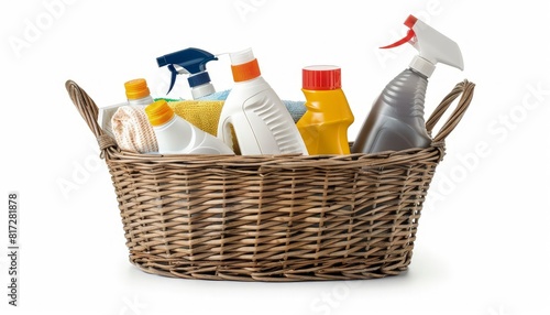 Cleaning products in a basket, as seen from an angle