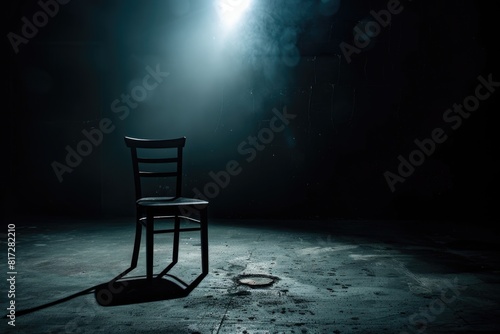 Emptiness. Vintage Chair as Theater Prop in Empty Room with Spotlight photo