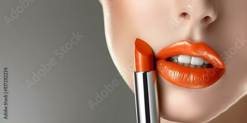 Promoting beauty cosmetic products with a close-up of model's lips and lipstick. Concept Beauty Products, Lipstick, Close-up Photography, Cosmetic Promotion, Model Portraits