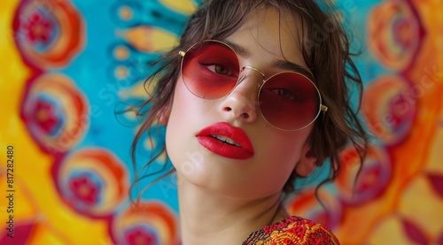 Woman Wearing Red Sunglasses in Front of Colorful Background