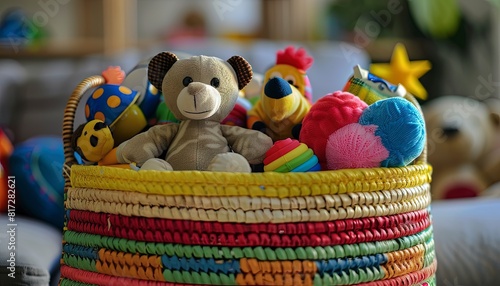 kids toys in a basket, as seen from an angle --ar 7:4 Job ID: 42790b39-8299-457e-8d63-f9533f7176d3