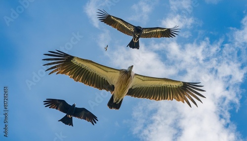 four huge vulture in flight low angle view flock of himalayan griffon soaring with fully wingspan while crows chasing in blue sky over klong kata dam phuket photo