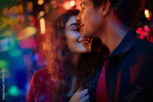 Young happy girl in the bright multicolor lights is smiling and looking away. She hugs her boyfriend gently. Only his chin and neck are seen