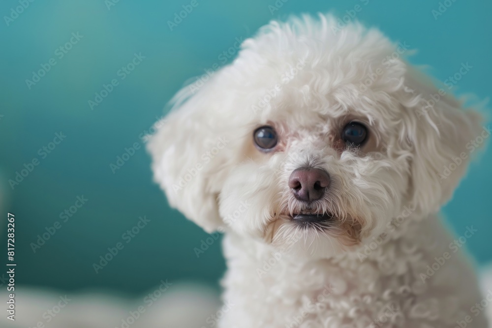 A white dog with a blue eye stares at the camera