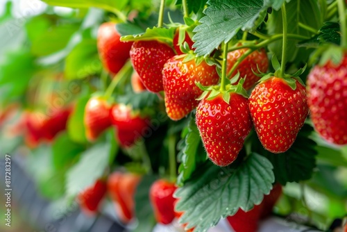 Ripe red strawberries hanging from the plant in a lush garden