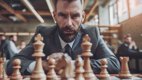 Central Focus on the Businessman: Place the businessman prominently in the foreground, highlighting his action of moving a chess piece. Generative AI