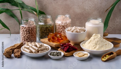 a variety of probiotics food supplements and health vitamins made from natural ingredients displayed to promote gut health and overall wellness possibly including capsules tablets and powders