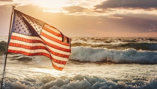 american flag in sea waves