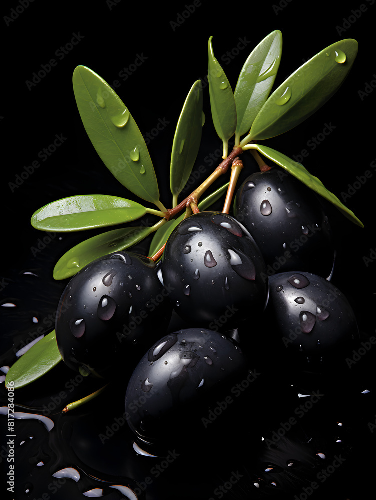 Black olives with leaves isolated on dark background Black olives with leaves isolated on dark background