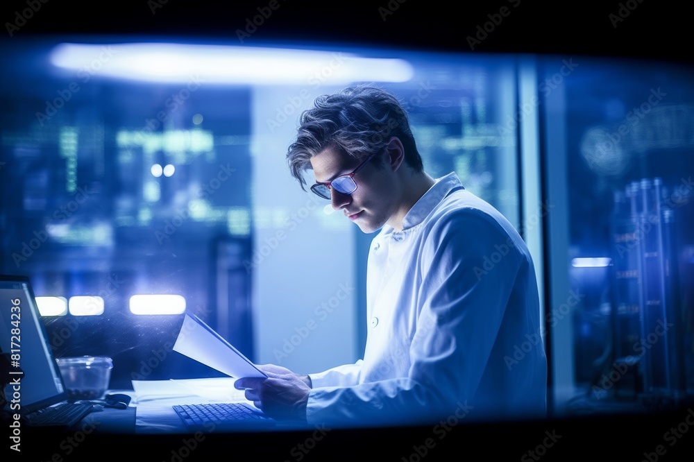 young male scientist looking at report in an optical laboratory, freiburg im breisgau, baden-w rttemberg, germany young male scientist looking at report in an optical laboratory, freiburg im breisgau, baden-w rttemberg, germany