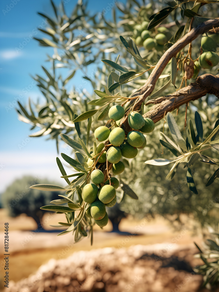 A branch of olive tree with green olives, blurry green plantation background A branch of olive tree with green olives, blurry green plantation background