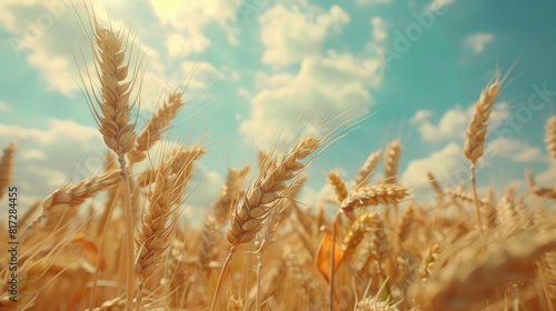 Close-up Of Ripe Golden Wheat With Vintage Effect  Clouds And Sky - Harvest Time Concept realistic