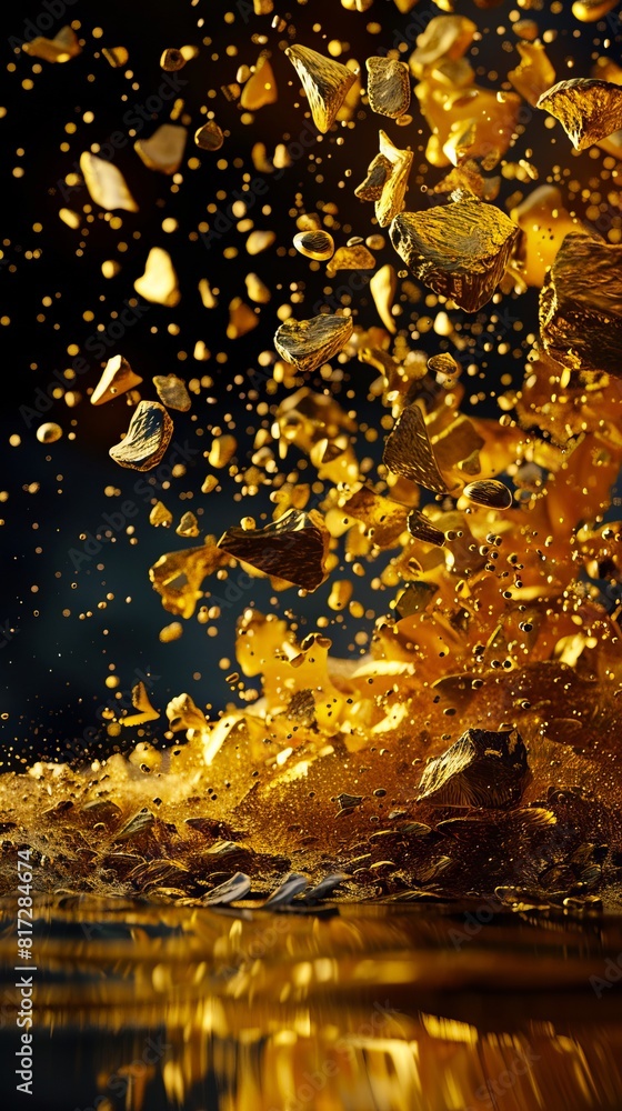 Gold flakes falling into water. Gold flakes falling into water.