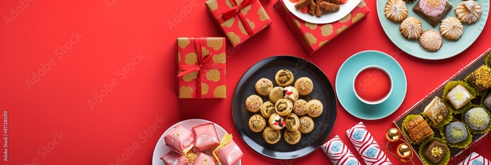 An array of festive cookies, gift boxes, and decorations spread on a vibrant red backdrop, evoking the spirit of the holiday season An array of festive cookies, gift boxes, and decorations spread on a vibrant red backdrop, evoking the spirit of the holiday season