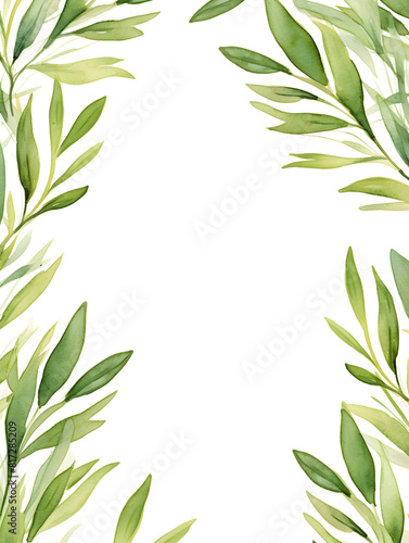 Watercolor frame with green olive leaves around and white background inside