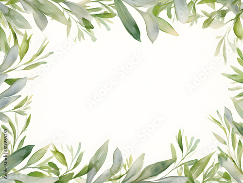 Watercolor frame with green olive leaves around and white background inside