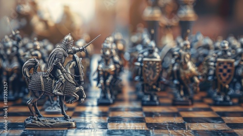 Epic Battle Setting: Create a detailed medieval battle scene on a chessboard, with chess pieces designed as cavalry and infantry in full armor. The pieces can be in action poses. Generative AI photo
