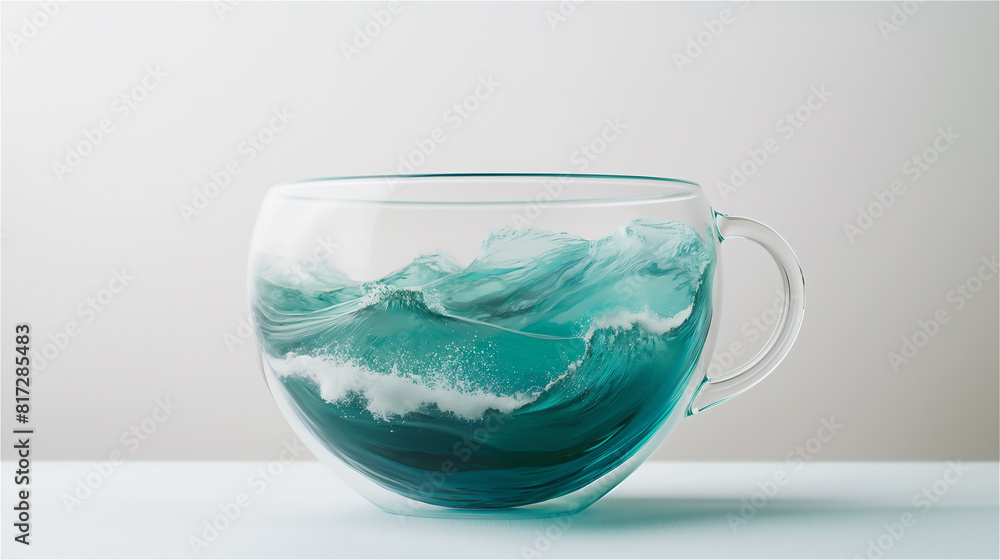 Glass transparent cup with ocean waves.