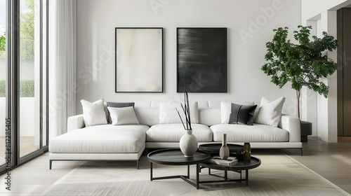 Modern living room interior with white sofa and paintings © Victoria Andrievska