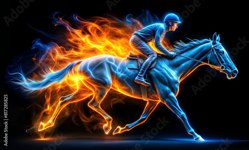 Horse. Fiery Horse. Galloping race horse in racing competition. Jockey on racing horse. Speed. Blue and orange Fire border. Illustration isolated on black background