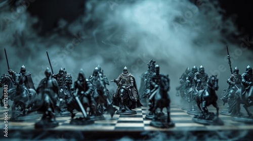 Medieval battle scene with cavalry and infantry on chessboard. Chess board game concept of business ideas, competition and strategy ideas. Generative AI photo