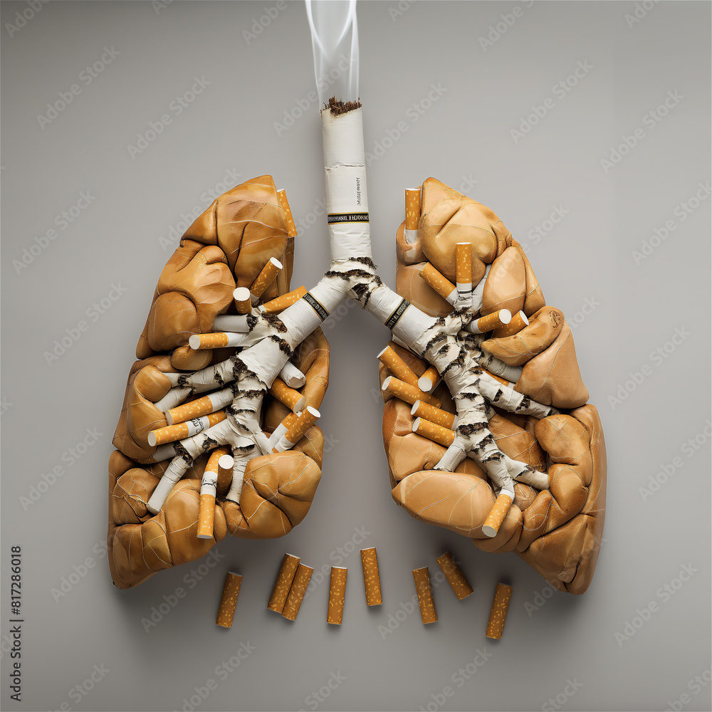 Illustration of a lung composed of cigarette butts. Danger of smoking cigarettes illustration.