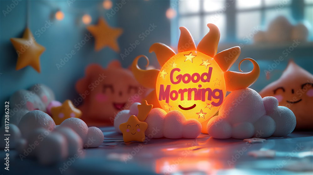 Cute cartoon sunny scenery with sun and words Good Morning.