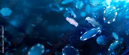 A blue background with many poker chips floating in the air.