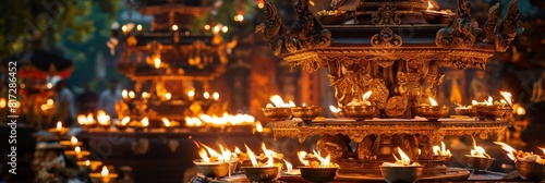 An array of oil lamps with ornate designs illuminated, set against a backdrop of a ceremonial event