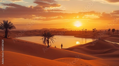 A worker in a vast desert oasis, using precious water to cultivate an improbable burst of green life amidst the sands photo