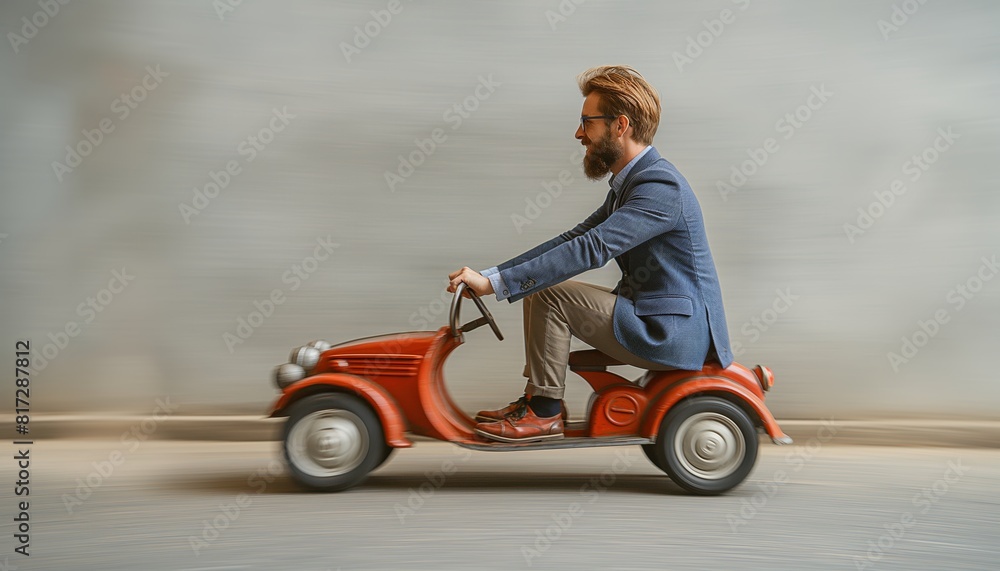 Businessman riding a toy scooter in motion Businessman riding a toy scooter in motion