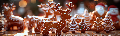 Banner with Christmas gingerbread. Traditional holiday pastry in shape of deer. Horizontal header for New Year design