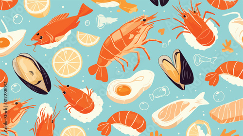 sketch seafood seamless pattern with trout red cavi photo