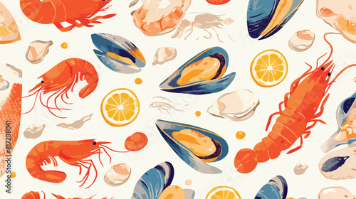 sketch seafood seamless pattern with trout red cavi photo
