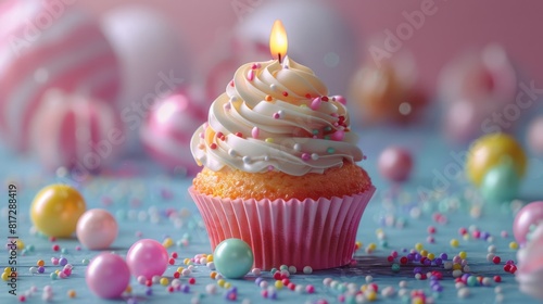 Cupcake With Candle on Blue Background
