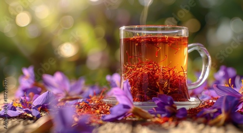 A Cup of Saffron Tea With Purple Flowers