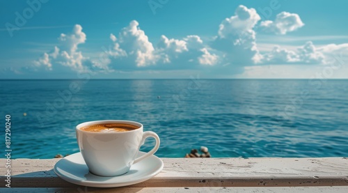 A Cup of Coffee on Wooden Table Overlooking Ocean