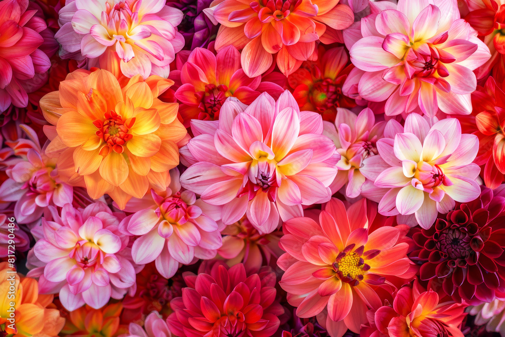Background top view colorful dahlia flowers. Postcard birthday, womans, mothers holiday, wedding invitation, event banner, flat lay style. Summertime floral texture close up, copy space. Background top view colorful dahlia flowers. Postcard birthday, womans, mothers holiday, wedding invitation, event banner, flat lay style. Summertime floral texture close up, copy space.